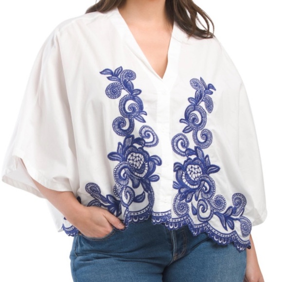 Adiva Tops - Adiva White Blouse with Blue Embroidery